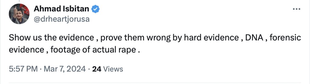 Dr. Ahmad Abbad Isbitan is an interventional cardiologist at @MethodistHosp 

Dr. Ahmad Abbad Isbitan not only denies the brutal rapes of 10/7 but demands to see FOOTAGE of the sexual assaults. 

Sickening.