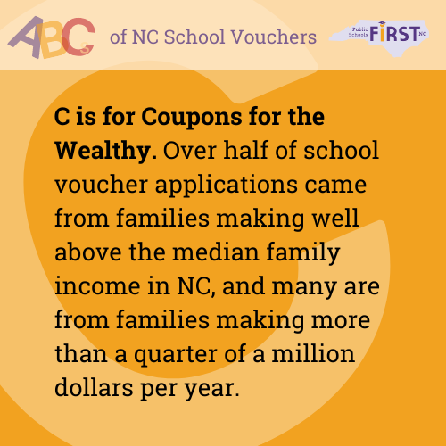 C is for Coupons for the Wealthy. Now, these wealthy families can use a school voucher as a coupon to defray costs while public schools are struggling to cover costs of providing a basic free public education. #nced #ncpublicschools