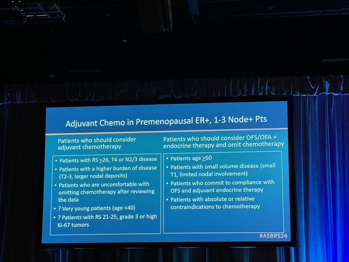 .<a href="/WilliamSikov/">William Sikov</a> discusses the challenging situation of adjuvant chemo in premenopausal, node-pos pts in the post-RxPONDER era. His answer is no in select patients though <a href="/NRGonc/">NRG Oncology</a> BR009 OFSET (classic.clinicaltrials.gov/ct2/show/NCT05…) RCT will be important to answer this question #ASBrS24 <a href="/ASBrS/">ASBrS</a>