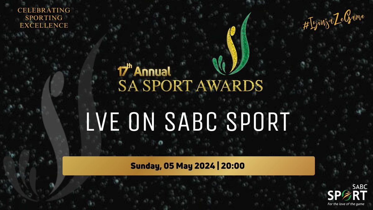 Don't miss out on the SA Sport Awards live on SABC Sport! Mark your calendars and join us for the celebration of our incredible athletes! 📅Sun, 05 May ⏲️20:00 📺SABC Sport 📱SABC+ 🌐sabcsport.com #SASportAwards #SABCSport