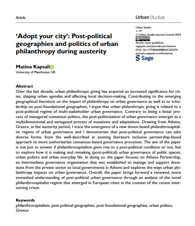 New open access article by @Matina_Kapsali: 'Adopt your city': Post-political geographies and politics of urban philanthropy during austerity
ow.ly/F3lJ50RcWfA
#PostPoliticalGeographies #Greece