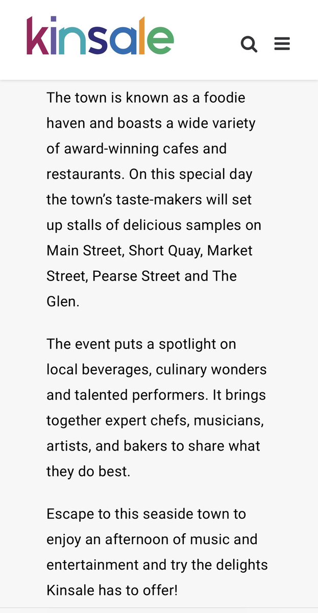 A great day of food, fun & activities in Kinsale tomorrow Saturday 13th with the street feast followed at 4.30pm by a parade celebrating Kinsale’s 25th anniversary of it’s twinning with Newport, Rhode Island, USA with marching bands and close to 100 of our friends from Newport 🇺🇸