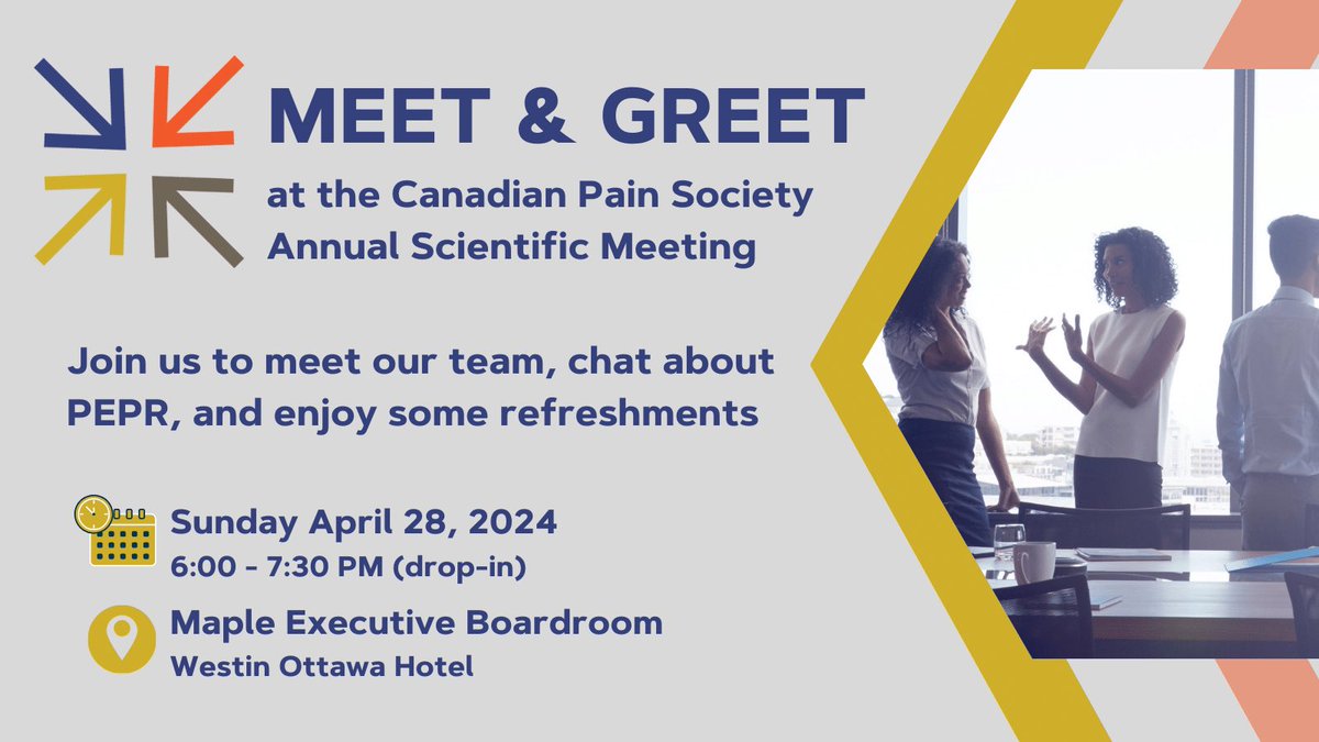 If you’re attending @CanadianPain Annual Scientific Meeting, we invite you to a PEPR meet & greet! Enjoy some refreshments and meet our team. Sunday April 28 6:00-7:30 pm in the Maple Executive Boardroom, Westin Ottawa Hotel. We’d love to see you there. #peprpartnership #cps2024