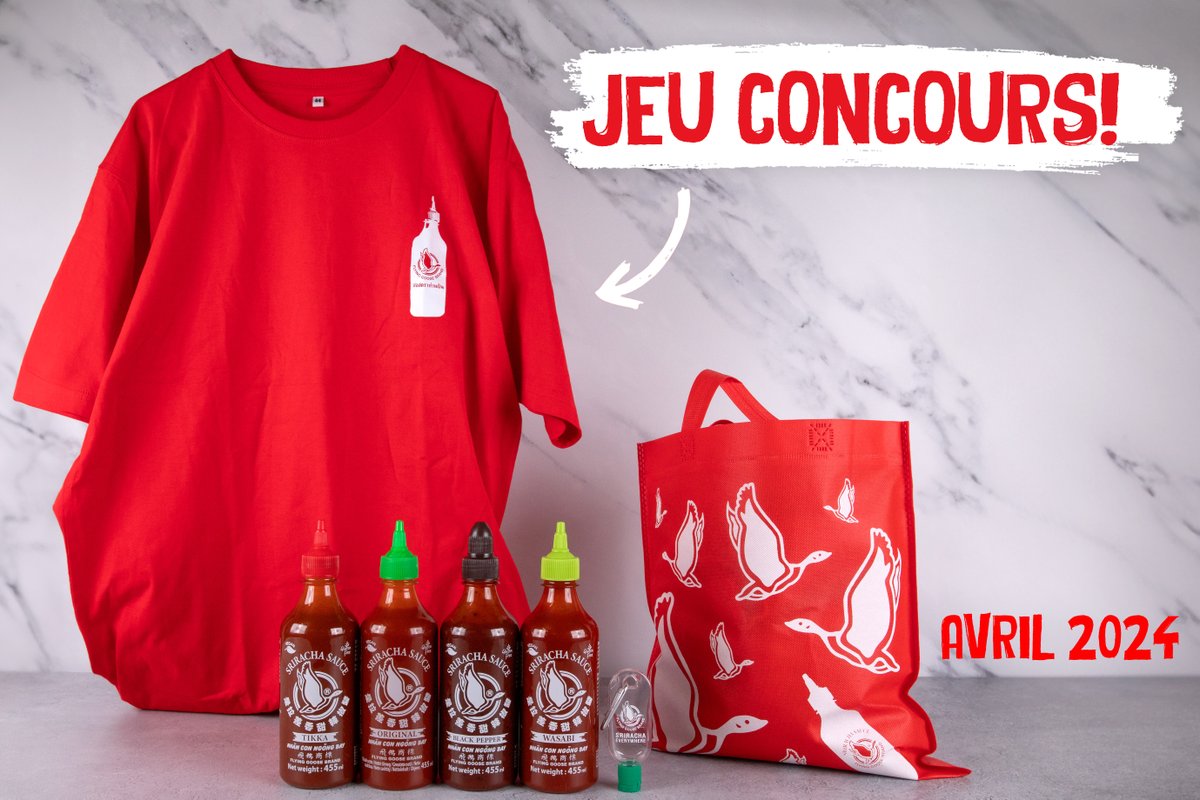 Fans de Sriracha, venez par ici 🌶️ C'est l'heure de participer à notre concours où vous pourriez mettre la main sur ce lot de goodies ! FOLLOW + RT pour avoir une chance de #GAGNER Les conditions générales de vente s'appliquent : bit.ly/FG-Twitter-FR