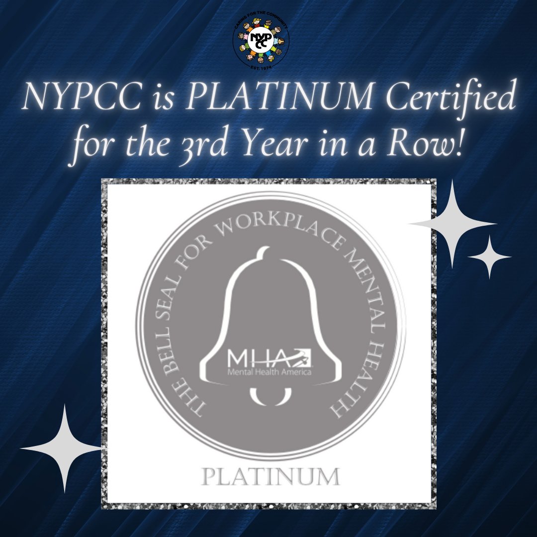 We are thrilled and proud to announce that NYPCC has been chosen by Mental Health America for the THIRD year in a row to receive the 2024 PLATINUM Bell Seal for Workplace Mental Health!

#пурсc #caringforthecommunity #mentalhealthamerica #bellsealaward #workplacementalhealth #NYC
