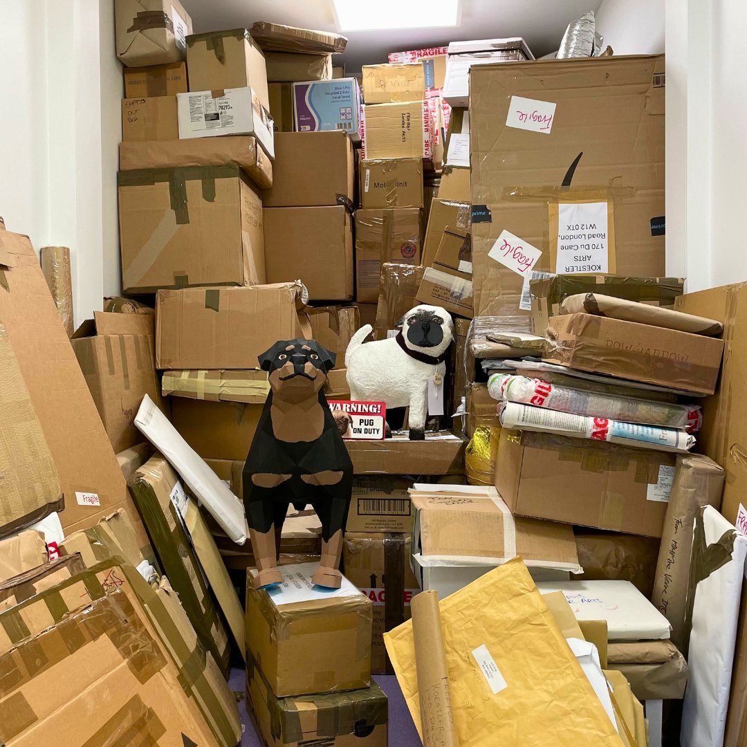 It’s #KoestlerAwards deadline day! The Koestler Arts Centre is full with boxes – and check out the protective pooches keeping an eye on them all for us 🐶🐾 Huge thank you to everyone who has entered, and to all the staff in establishments for helping the artwork reach us ✨