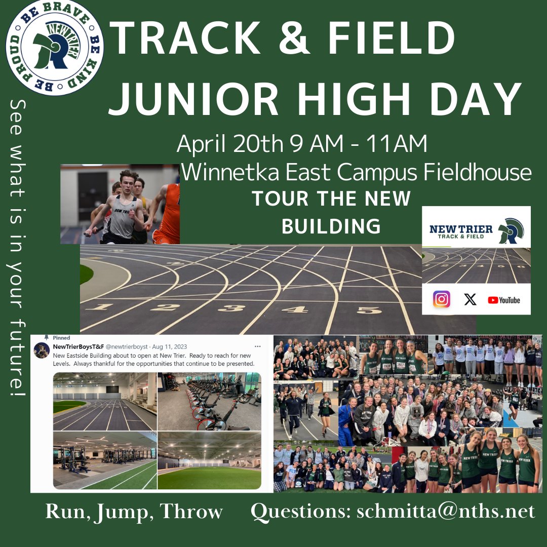 NewTrierBoysT&F (@newtrierboyst) on Twitter photo All Feeder School Junior High Athletes, Grades 5-8 are welcome to join us for the 2024 Junior High Track & Field Day. Saturday, April 20th from 9am to 11am in the new Eastside Fieldhouse. Run, Jump, Throw and Tour the new facility. <a href="/athleticsnths/">New Trier Athletics</a> All Feeder School Junior High Athletes, Grades 5-8 are welcome to join us for the 2024 Junior High Track & Field Day. Saturday, April 20th from 9am to 11am in the new Eastside Fieldhouse. Run, Jump, Throw and Tour the new facility. <a href="/athleticsnths/">New Trier Athletics</a>