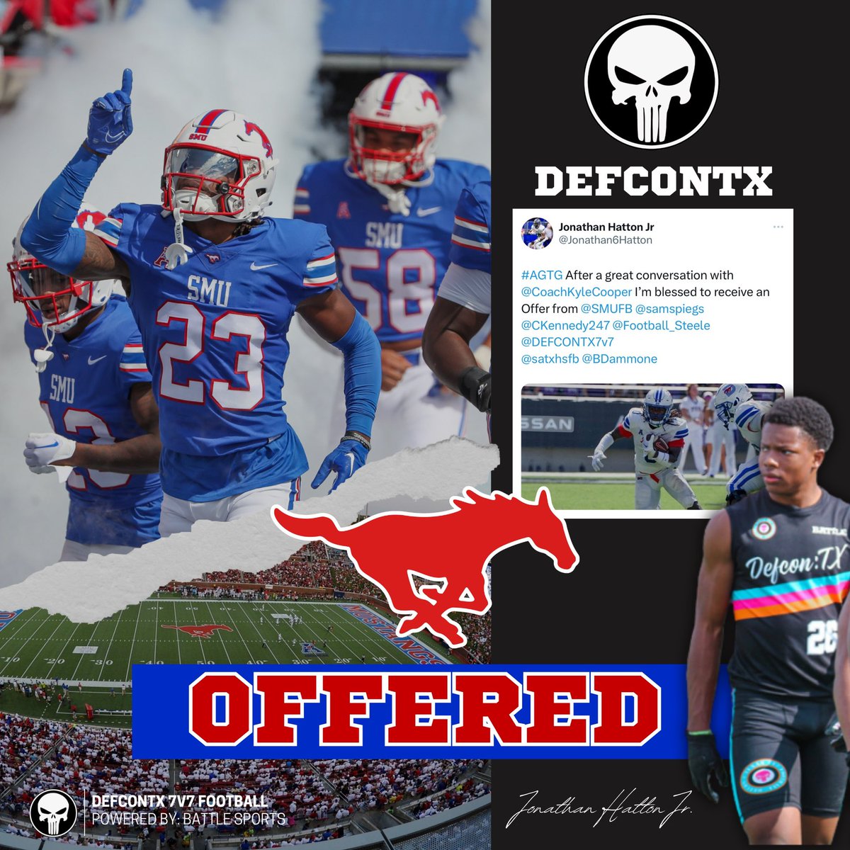 2026, RB - Jonathan Hatton Jr. (@Jonathan6Hatton) earns an offer to SMU Football! #PonyUp 🔴🔵 #AGTG @coach9cg @kcolesports @RhettLashlee @coachdwes @Deriqking__ @samspiegs @2MGE_ @MikeM_Scout @_RL_Martin @BDammone @Rivals @On3Recruits