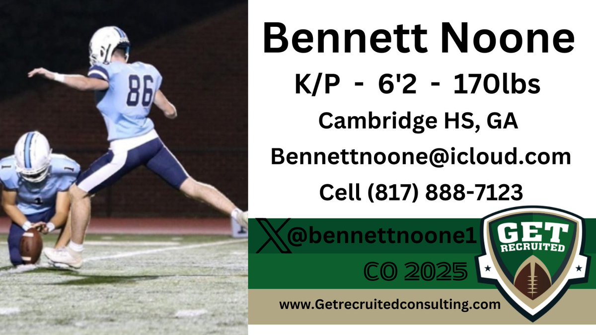 Bennett Noone - 2025 - K/P - 6'2 170lbs - 3.7 GPA - Strong Leg, Athletic, and Accurate - Cambridge HS, GA - Player Profile: getrecruitedconsulting.com/recruit/bennet… @bennettnoone1 @KStateFB @AppState_FB @TroyTrojansFB @UAB_FB @ToledoFB @ZipsFB @OhioFootball @1of1lifeskills @Coach_Brady #college