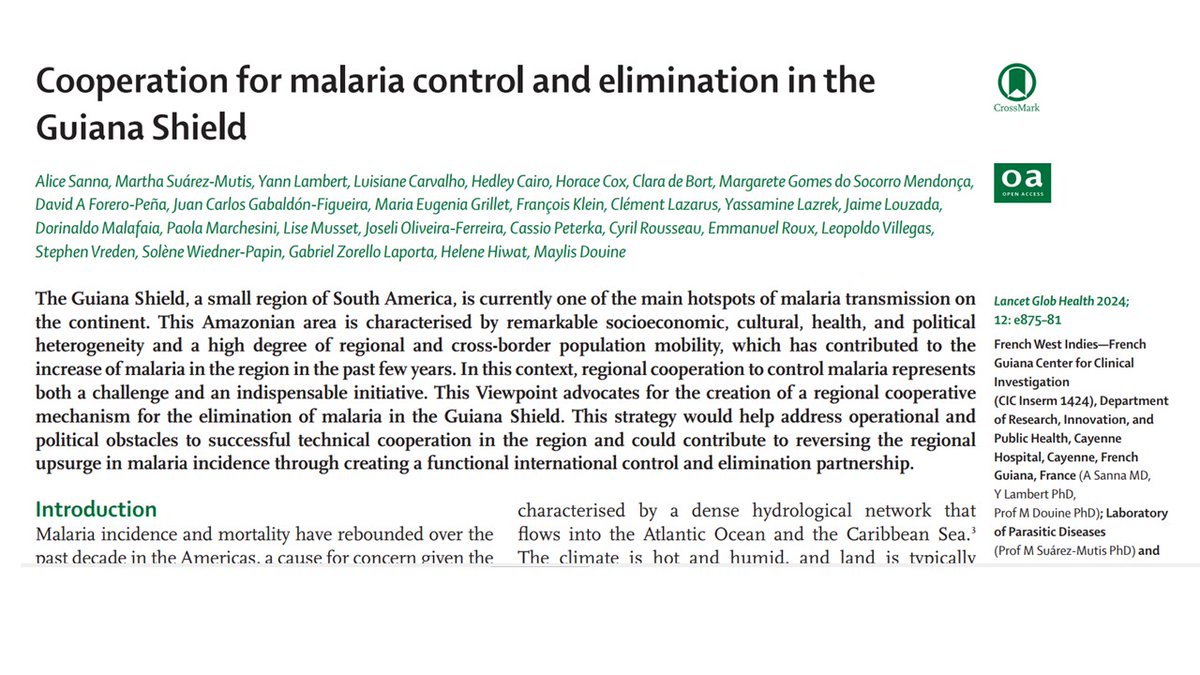 Happy to share our Point of View in @LancetGH where we advocate for the creation of a regional strategy that leads to the elimination of malaria in the 7 countries of the Guiana Guyana Shield (main sources of malaria in the region) sciencedirect.com/science/articl… READ and SHARE THREAD