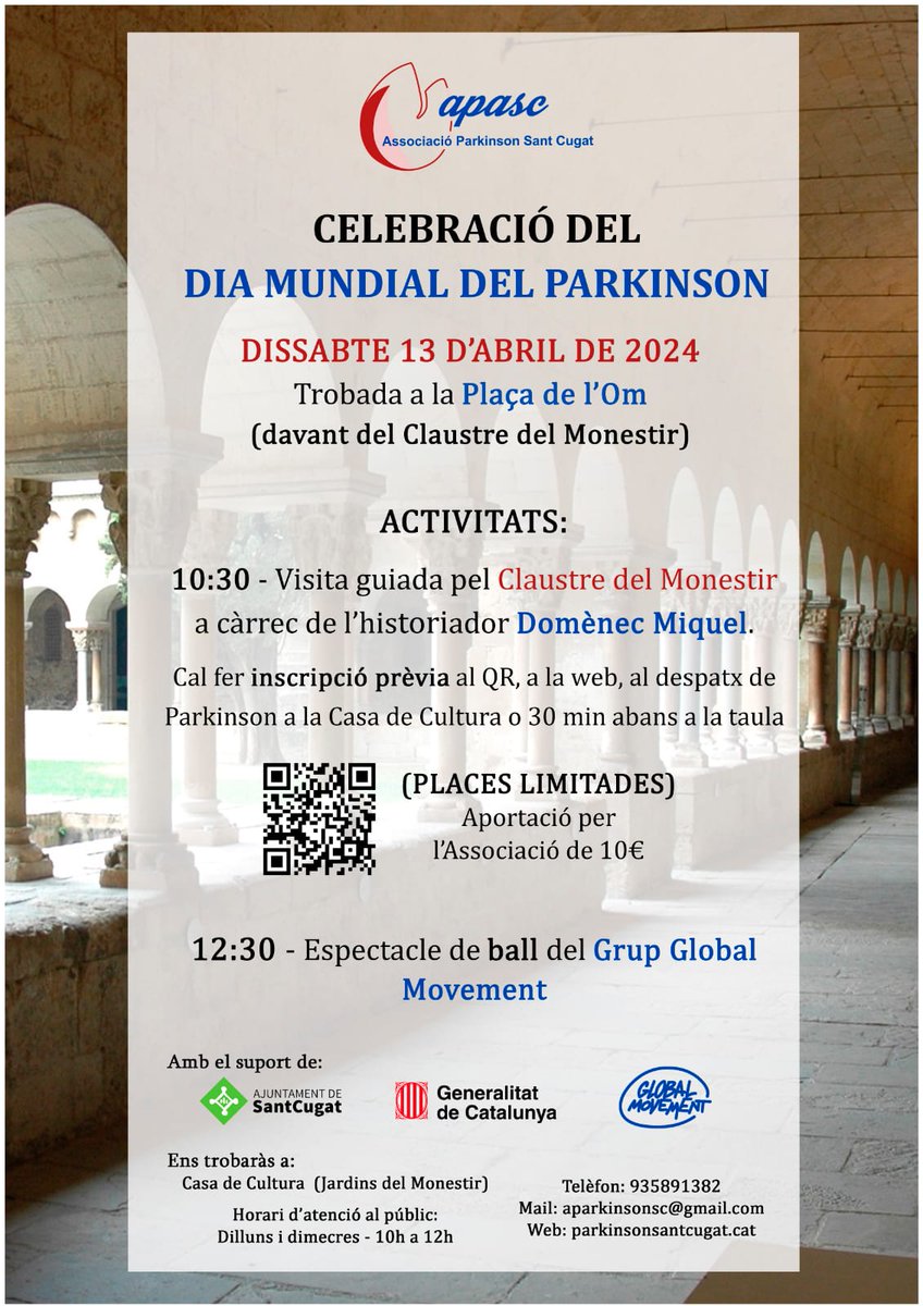 🟦Aquest dissabte, 13 d'abril, commemorem el Dia Mundial del Parkinson, a la pl. de l'Om. 📌10:30 h. Visita guiada al Claustre del Monestir. 10€ amb inscripció prèvia 📌12:30 h. Espectacle de ball del Grup Global Movement. Gratuït. santcugat.cat/activitat/cele… @Nuriolfarma