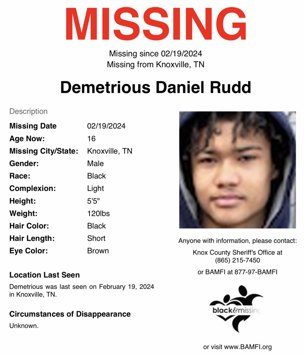 BAM_FI's tweet image. #Knoxville, #Tennessee: 16y/o Demetrious Rudd was last seen on February 19 in Knoxville.

Have you seen Demetrious? #DemetriousRudd #FindingFriday