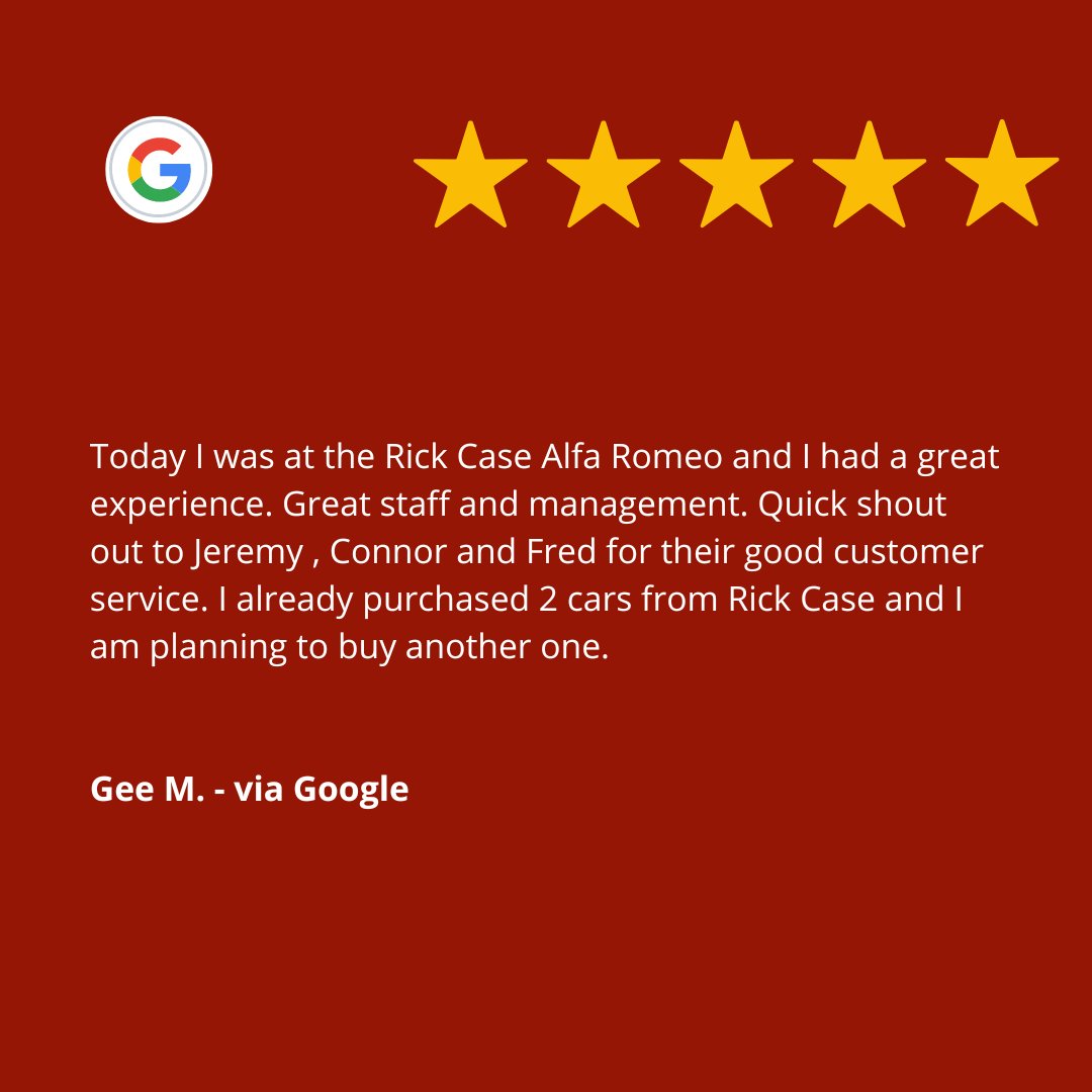 Come back we have more cars!

#RickCaseAlfaRomeo #AlfaRomeo #CustomerAppreciationFriday #family #cars #dealerships #rickcaseautomotivegroup #carservice #carrepair #mechanic #carcare #autoservice #luxuryservice #brakes #lux #happyfriday #feedback #review #googlereview #luxury