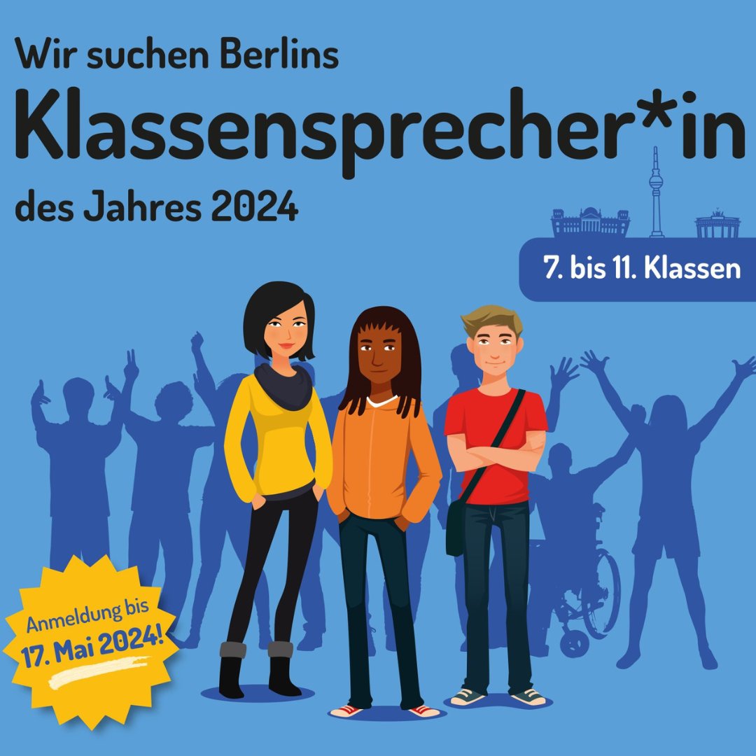 Berliner Schulen aufgepasst! Engagierte Schülervertreter/-innen der Klasse 7-11 haben die Chance 'Klassensprecher/-in des Jahres“ zu werden und für sich und ihre Klasse eine Reise nach Prag oder andere Preise im Gesamtwert von über 10.000€ zu gewinnen!👉klassensprecher-des-jahres.de/berlin-wettbew…