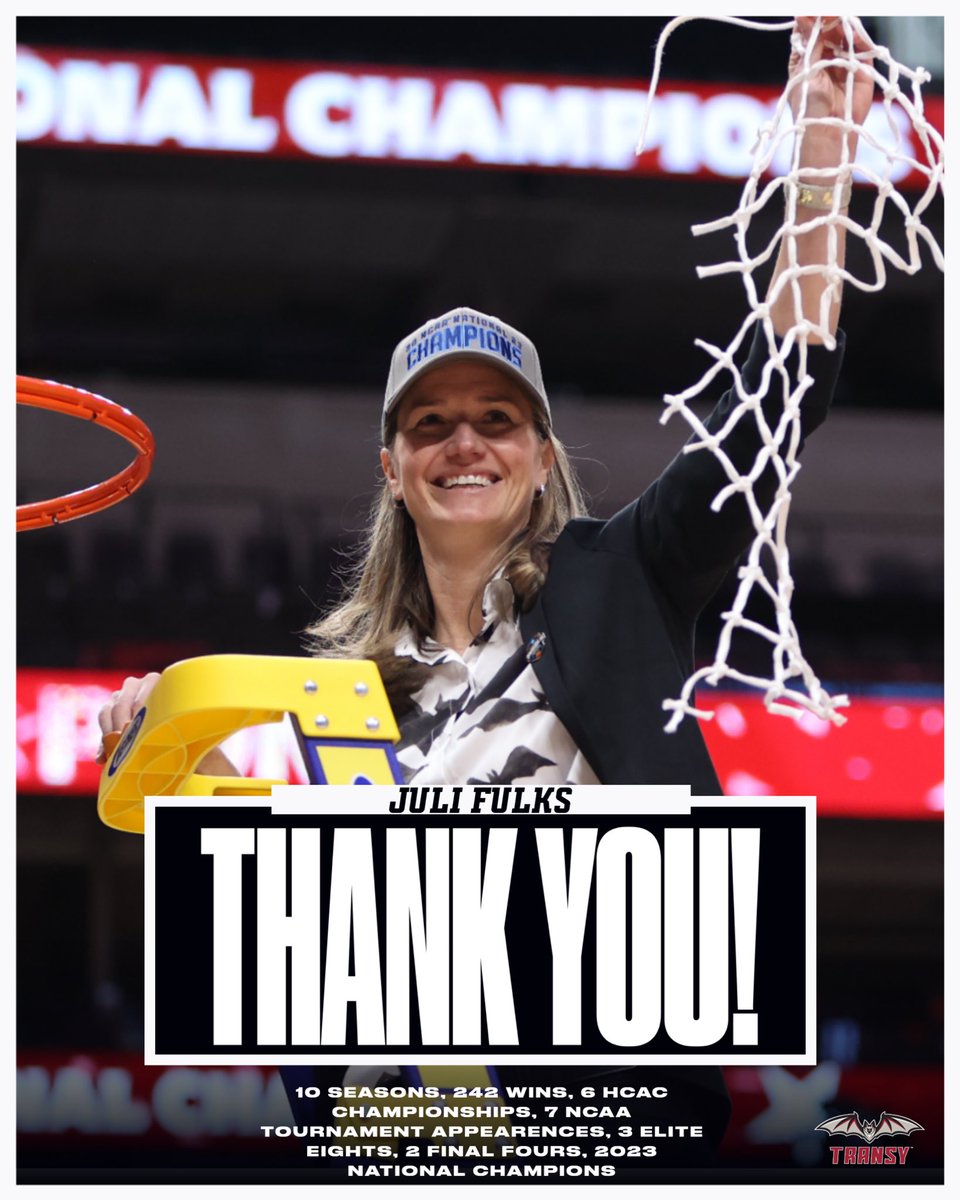 𝙏𝙃𝘼𝙉𝙆 𝙔𝙊𝙐, 𝙅𝙪𝙡𝙞 𝙁𝙪𝙡𝙠𝙨 After 10 seasons, 242 wins, 6 @HCACDIII championships, 7 NCAA Tournament appearances, 3 Elite Eights, 2 Final Fours, and a 2023 National Championship, Juli Fulks has announced she is leaving Transylvania. Fulks has been named the new Head…