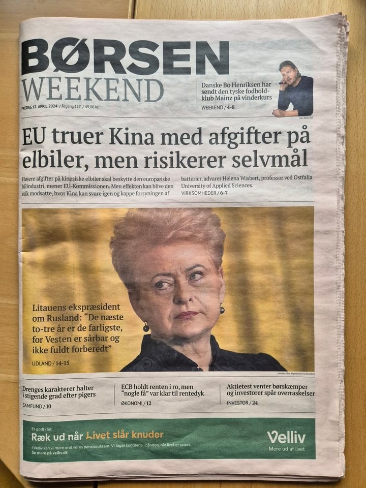 A strong message from the former 🇱🇹 President @Grybauskaite_LT on the front page of Danish daily newspaper @borsendk this morning: 'The next 2 to 3 years are the most dangerous because the West is vulnerable and not fully prepared.' See the full article: borsen.dk/nyheder/udland…
