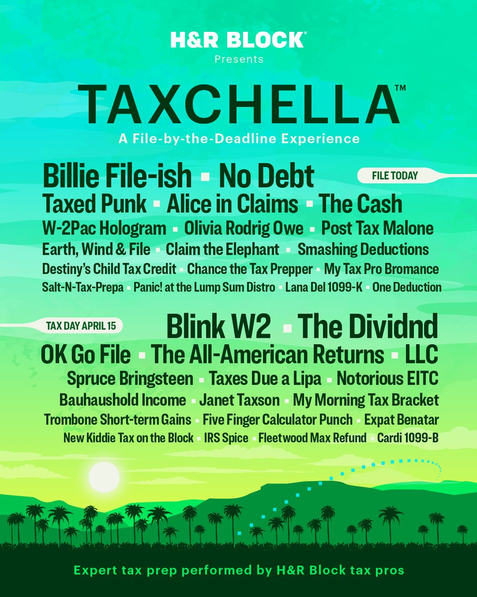 Welcome once again to Taxchella, a file-by-the-deadline experience. Spots are filling up fast but there’s still time to get expert help by April 15. Visit hrblock.io/WaysToFile to learn more.