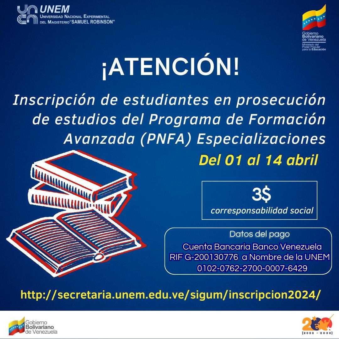 SomosUnem's tweet photo. #Atención📣 || La #UNEM 📚 te recuerda que hasta el #14Abr tienes oportunidad de realizar el proceso de inscripción en los estudios de prosecución del #PNFA en Especialización, Maestría 📓 y #PNF de Educación Inicial y Matemáticas 🧮.
https://t.co/Z8O8SzzIs4 /inscripcion2024/ 🖥️ https://t.co/fF7Pi24yHM