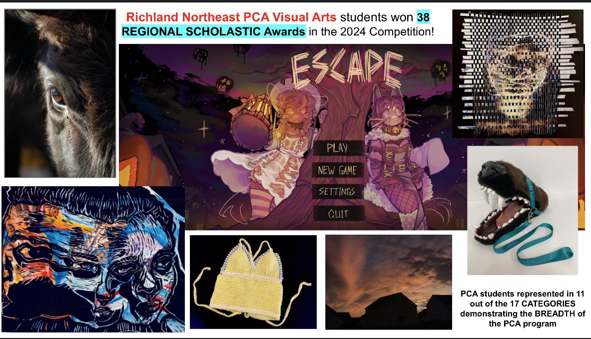 🎨🎨🎨 PCA Visual Arts students won 38 REGIONAL SCHOLASTIC Awards in the 2024 Competition! 6 GOLD KEY Winners that will move onto National Adjudication! #FineArts #VisualArts @MaryCat13559196 @RNECavaliers @Cavplex @RichlandTwo @Richland2A @mark1_sims @R2Magnets