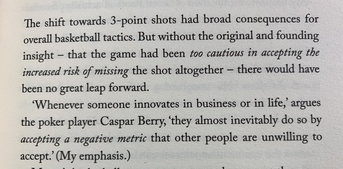 In his book Making Decisions ⁦@edsmithwriter argues progress often comes when you’re prepared to accept a decline in a metric that others aren’t He specifically mentions Rio Grande Vipers, one of 1st teams to try for more 3 pointers in 🏀. But the idea extends to business