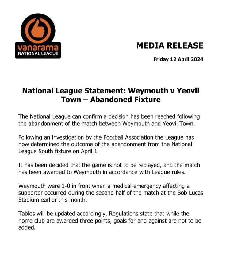 National League statement on the abandoned Weymouth v Yeovil Town National League South fixture 👇