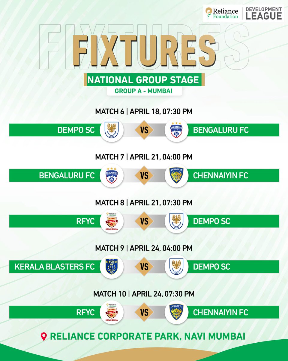 📢 𝐍𝐀𝐓𝐈𝐎𝐍𝐀𝐋 𝐆𝐑𝐎𝐔𝐏 𝐒𝐓𝐀𝐆𝐄 is here 🔥

Check out the fixtures for each group and stay tuned for all the udpates 🗓️

@ril_foundation | #RelianceFoundationDevelopmentLeague #RFDL #RFSports #LetsPlay #Football