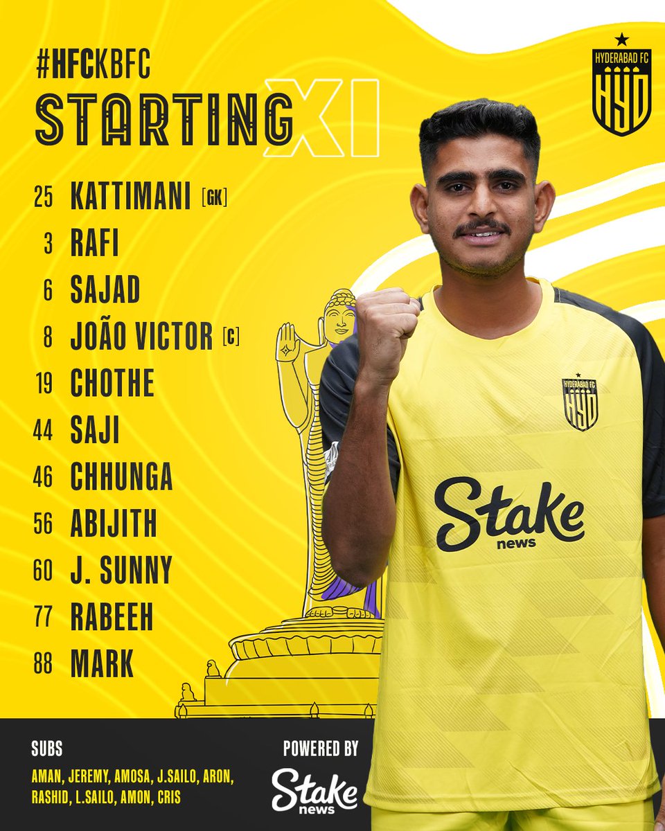 🤩 Here is your Hyderabad FC Starting XI to face Kerala Blasters today, presented by @stakenewsindia! #HFCKBFC #ISL10 #TheNawabs 💛🖤