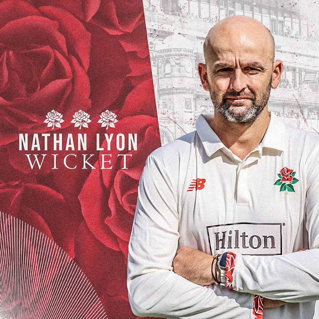 NICE GARRY!!! 😍 A first Lancashire wicket for @NathLyon421 as he gets the big wicket of Vince, who flicks off his hip to Tom Bruce at leg slip! 👏 110-3 (34) 🌹 #RedRoseTogether