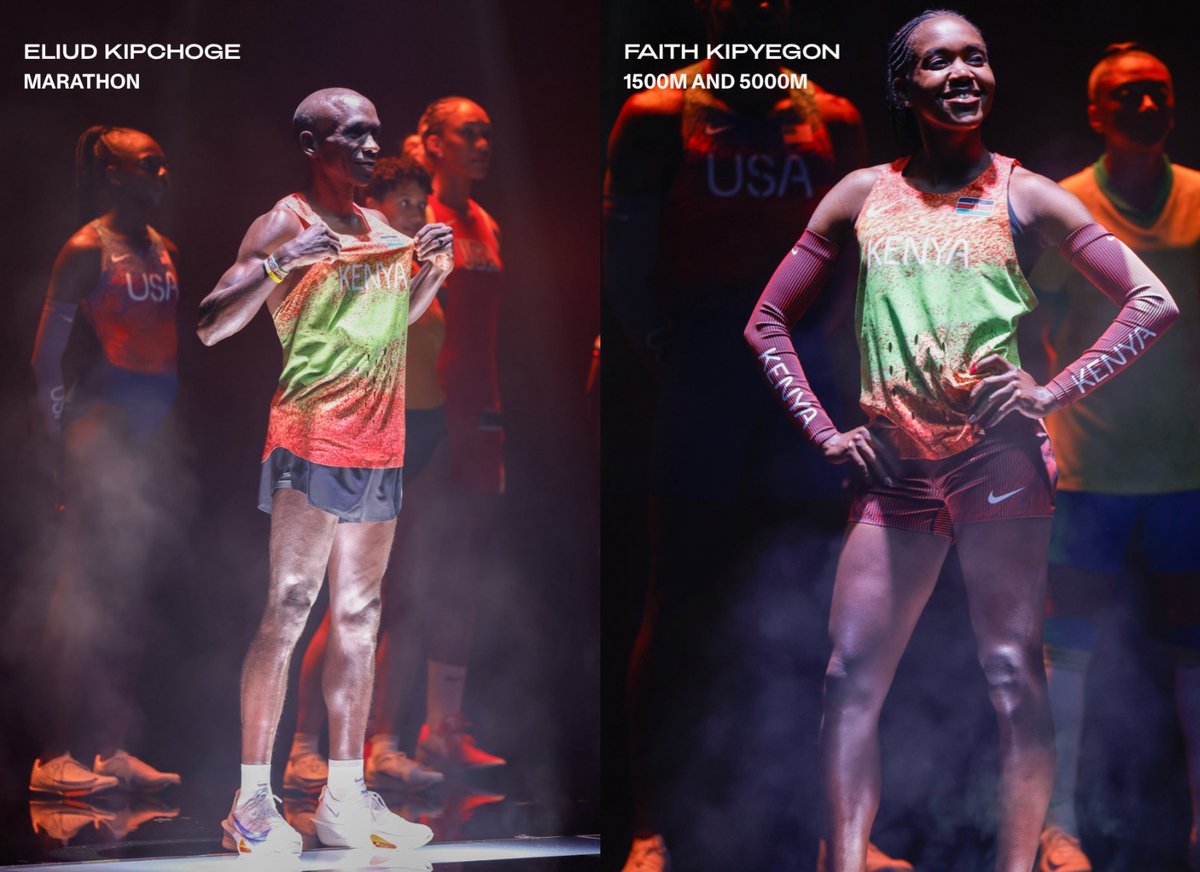 Eliud Kipchoge and Faith Kipyegon modeling Team Kenya's kit for the 2024 Paris Olympics.