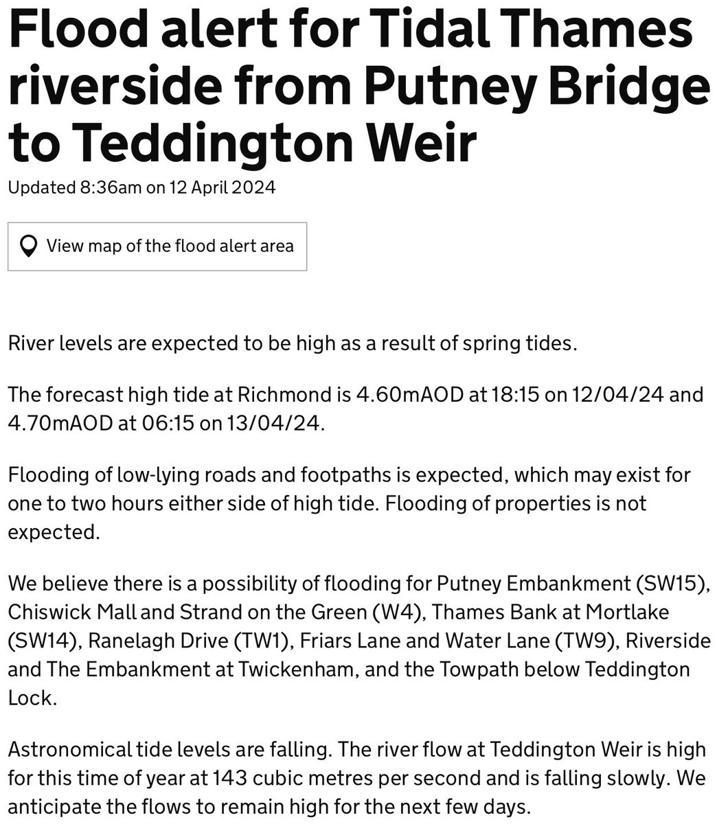 ⚠️ The forecast levels at #Richmond have been updated for high tides this afternoon and early tomorrow morning. The Flood Alert covering tidal riverside properties from Putney to Teddington can then be removed tomorrow as the spring tides switch to neaps.