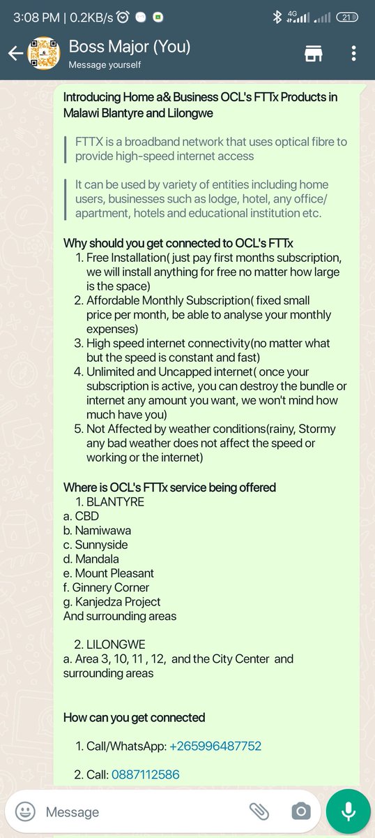 *Introducing Home a& Business OCL's FTTx Products 

> FTTX is a broadband network that uses optical fibre to provide high-speed internet access

*Where is OCL's FTTx service being offered*
1. BLANTYRE
2. LILONGWE
*How can you get connected*

1. +265996487752

2. 0887112586