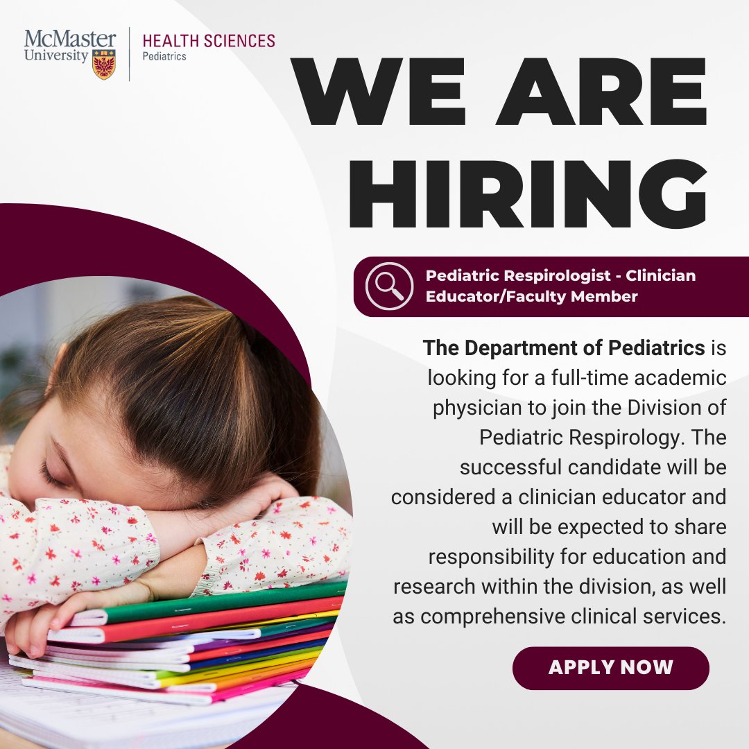 Attention #Respirologists! Come join a growing academic department @MacUPediatrics & help shape the direction of research, education, & clinical service @mch_childrens - one of the busiest children’s hospitals in Ontario. Apply now. ⬇️ careers.mcmaster.ca/psp/prepprd/EM… #PediatricsJobs