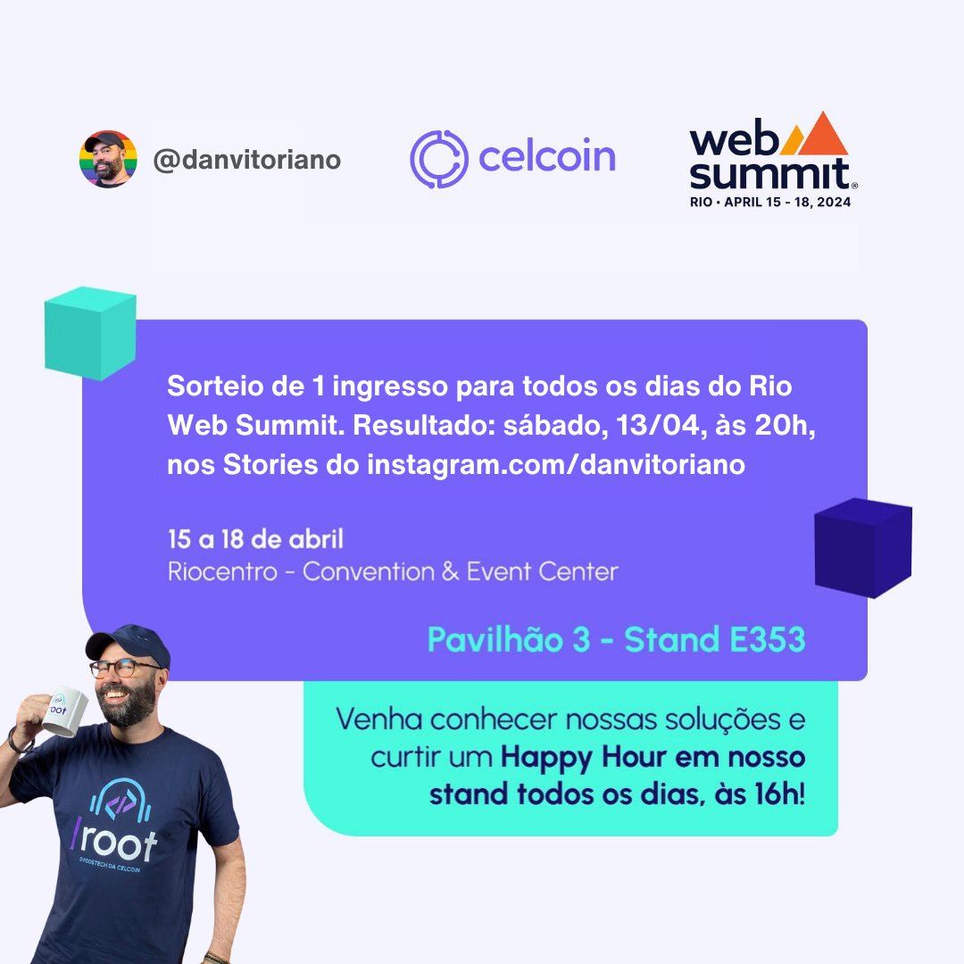 Quer um ingresso para o @WebSummitRio? A @celcoinbr e eu vamos presentear 1 pessoa para participar do maior evento de internet do mundo! Basta seguir os nossos perfis no Instagram e preencher o cadastro para concorrer: link.danvitoriano.com.br/celcoin #celcoin #riowebsummit #openfinance