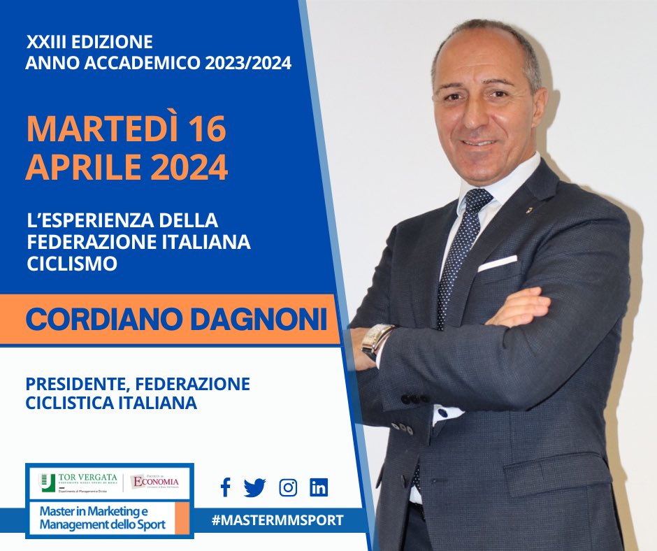 👏 Al 𝗠𝗮𝘀𝘁𝗲𝗿 in 𝗠𝗮𝗿𝗸𝗲𝘁𝗶𝗻𝗴 e 𝗠𝗮𝗻𝗮𝗴𝗲𝗺𝗲𝗻𝘁 dello 𝗦𝗽𝗼𝗿𝘁 👤 @CordianoDagnoni Presidente, @Federciclismo 🎙️ L’ESPERIENZA DELLA FEDERAZIONE ITALIANA CICLISMO 📆 Martedì 16 aprile