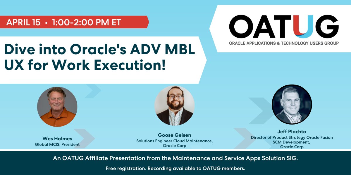 Monday! Dive into Oracle's ADV MBL UX for Work Execution, April 15 at 1 pm ET. Preview Oracle's next-generation Mobile Maintenance UX, featuring AI capabilities, + gain practical knowledge on enhancing operational efficiency. ow.ly/wWKG50R47q6 #CloudCX #CloudSCM #Oracle