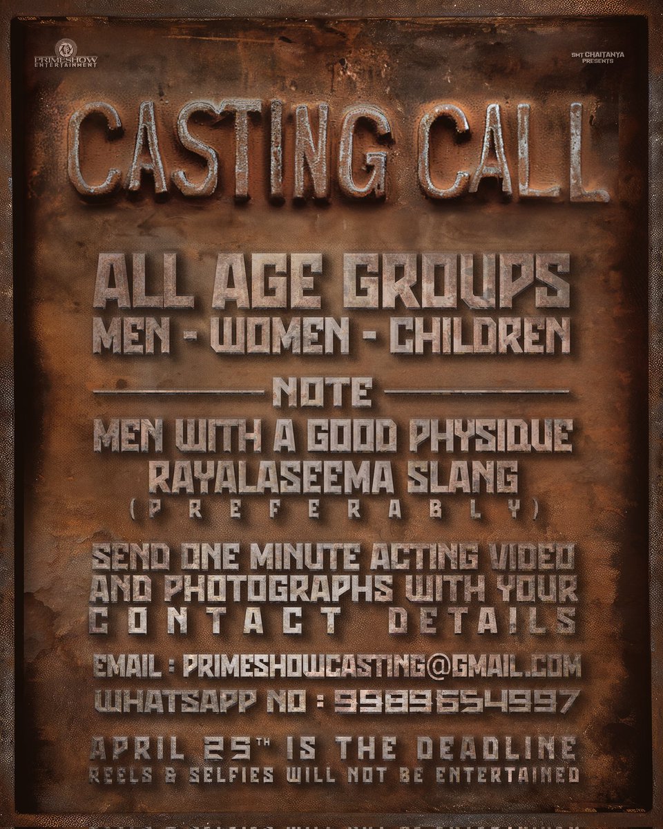 CASTING CALL ALERT for @Primeshowtweets next big project💥 Looking for talents across all age groups who can speak the Rayalaseema dialect ❤️‍🔥 Send in your portfolio to ✉️ primeshowcasting@gmail.com or WhatsApp to +91 9989654997 🎬 NOTE: DEADLINE APRIL 25th 🚨