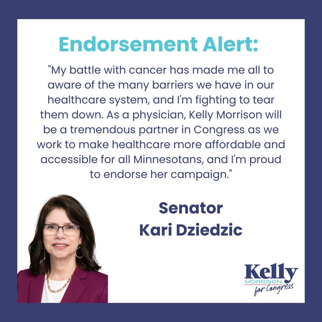 I am very honored our campaign is endorsed by Senator Kari Dziedzic. Thank you so much for your support, @KariDziedzic ! #MN03