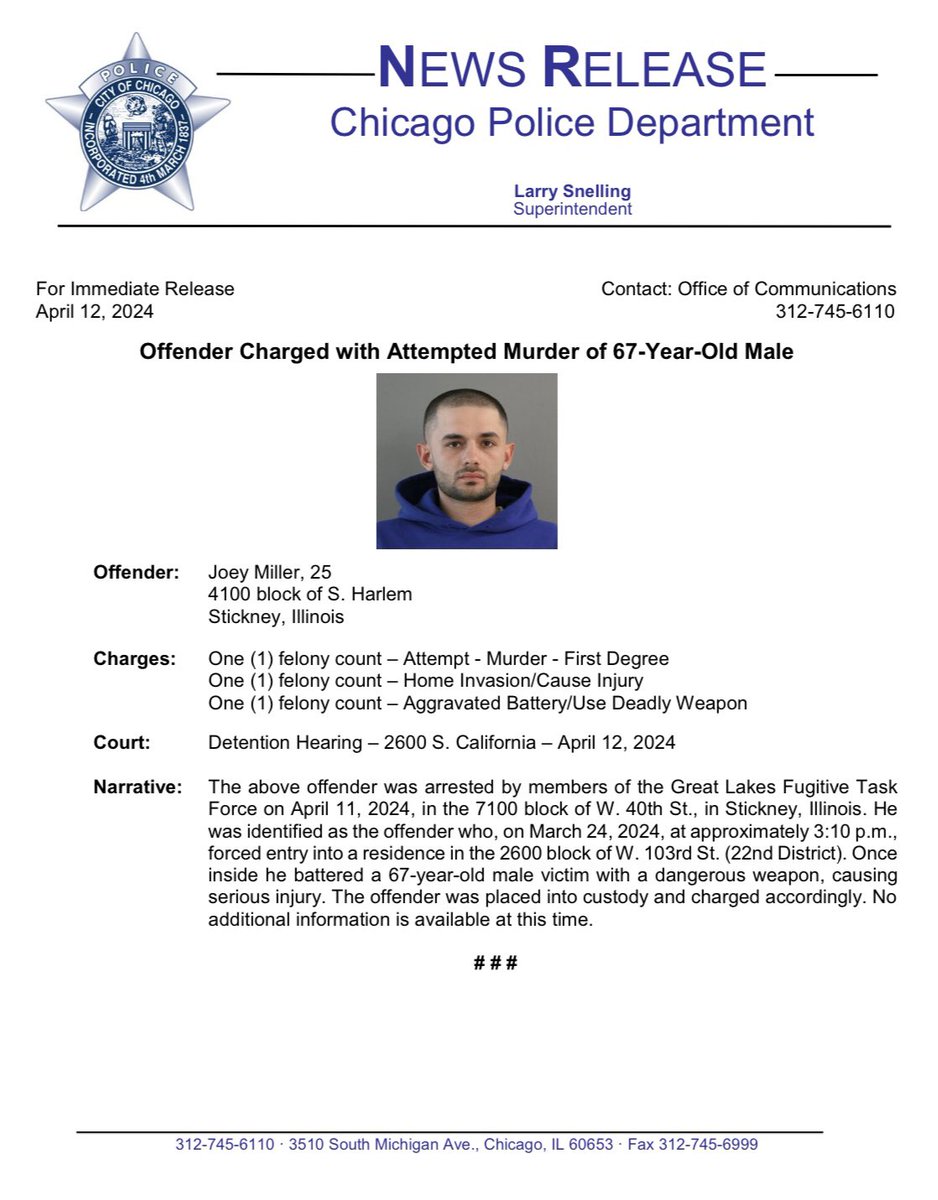 Offender Charged with Attempted Murder of 67-Year-Old Male @ChicagoCAPS22 @Area2Detectives Great Lakes Regional Fugitive Task Force #ChicagoPolice