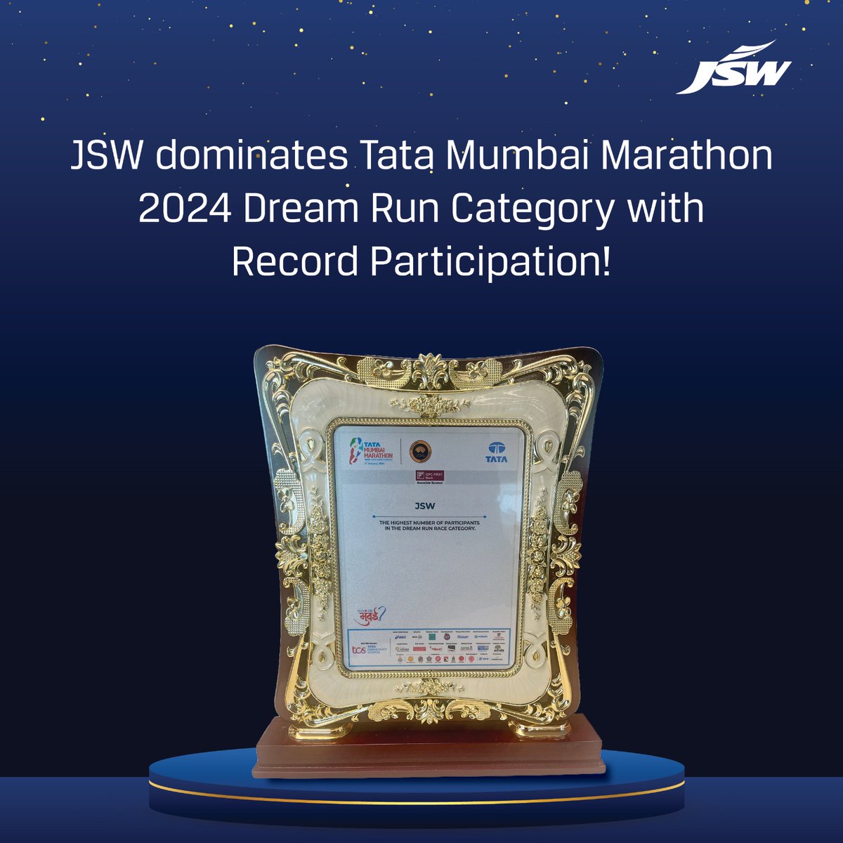 We are happy to share that the JSW Group has been honored for achieving the highest participation in the Tata Mumbai Marathon 2024 Dream Run! 🏆 A huge thank you to everyone in the team who joined us in this exciting event! #DreamRun #JSWGroup #WellnessWins…