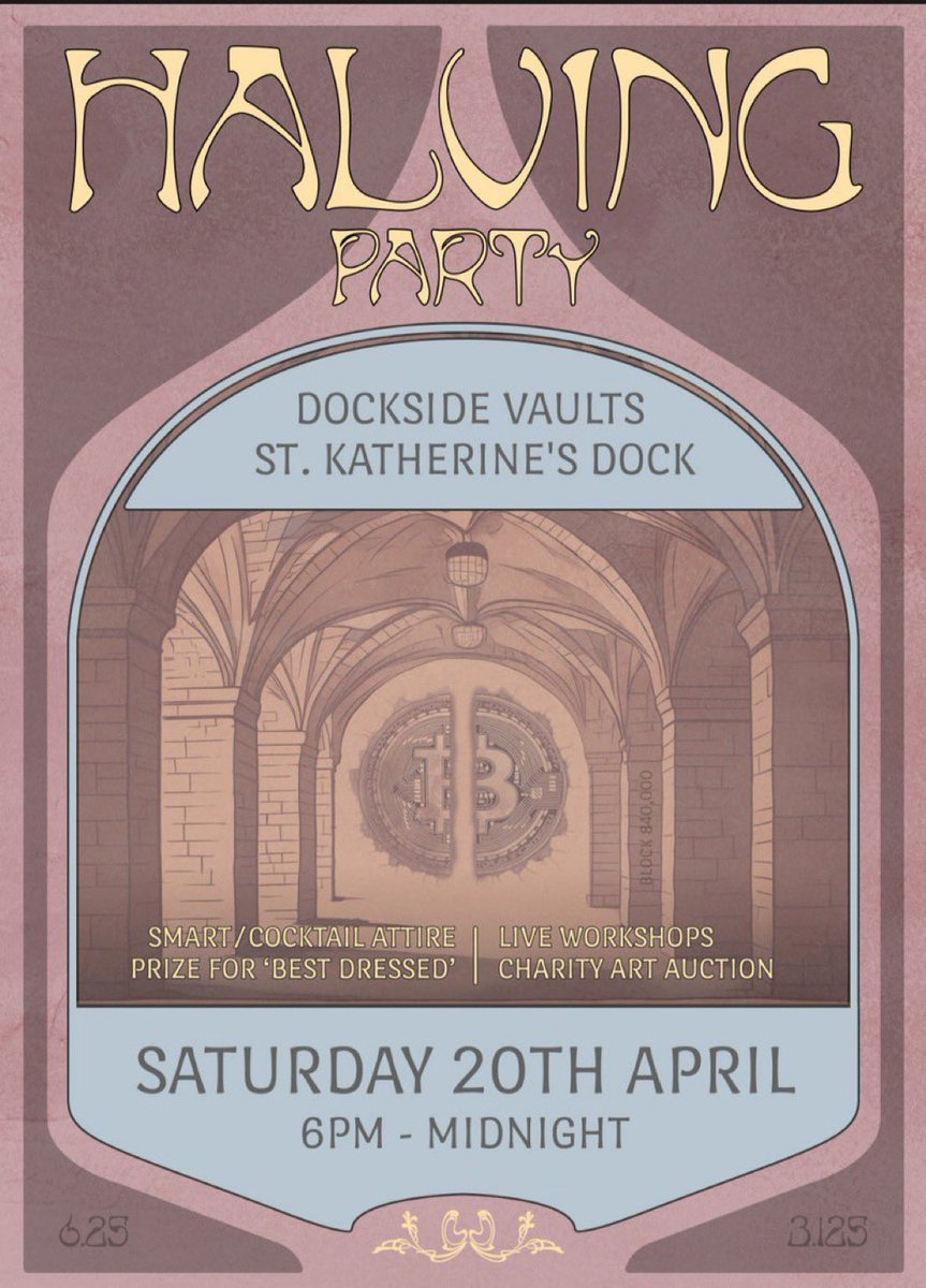 The London #Bitcoin Halving Party is just 8 days away! The schedule on the night: 6pm: Workshops, Games, Art Gallery 9pm: Raffle, Charity Auction, Prizes Until Midnight: PARTY! Tickets are selling fast but there are some still available! halving.lbspace.xyz/apps/YFbbgGDMx