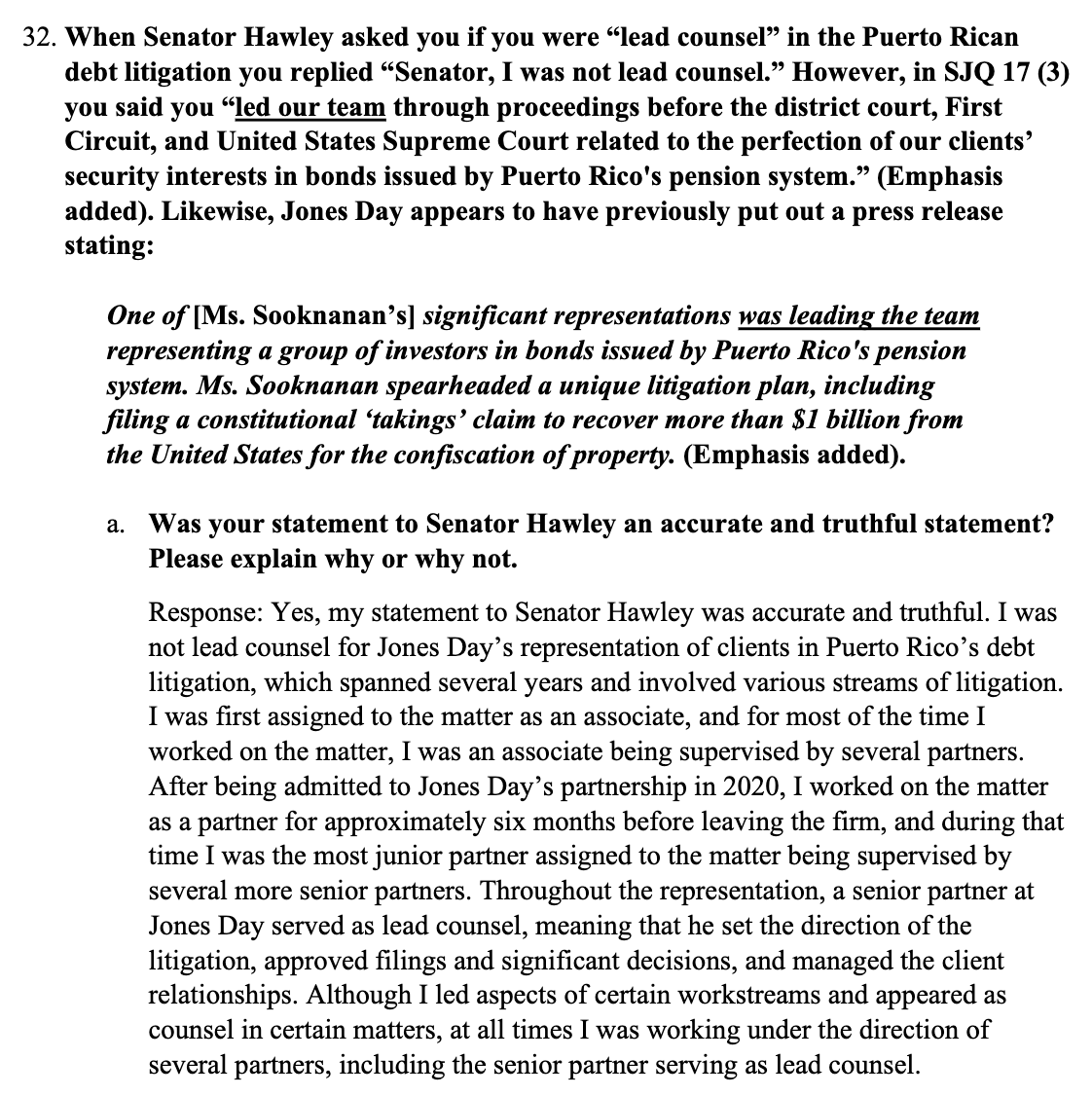 An incredibly lawyerly statement from Sparkle Sooknanan about whether or not she was lead counsel for hedge fund Puerto Rican debt holders, despite her own law firm saying she 'led the team' and being listed on court documents as counsel of record: