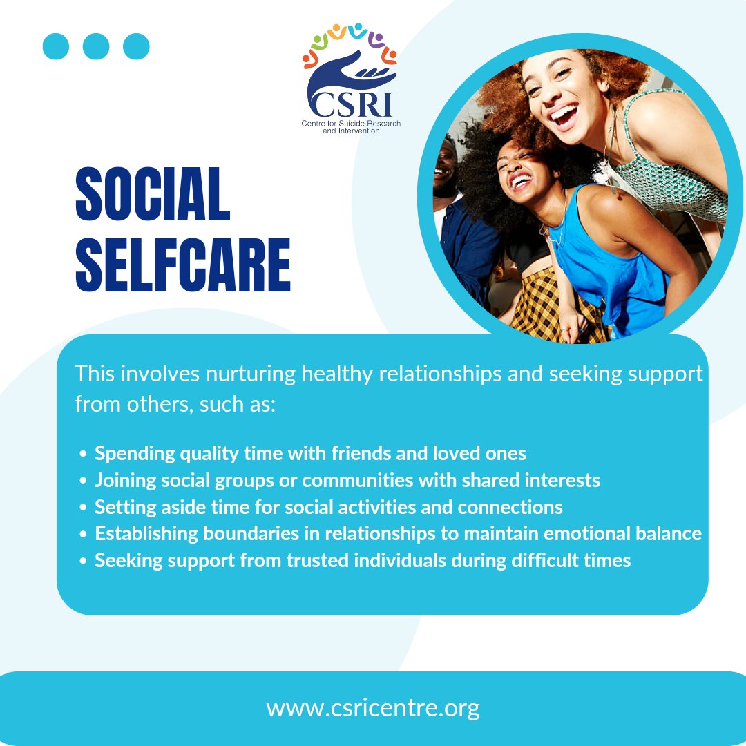 Social self-care is about creating  meaningful connections and supportive relationships and it is an essential part of overall wellness!💙❤️🤍

 #socialselfcare #mentalhealth #suicideprevention #selfcarefriday #sigor #BREAKING_NEWS #EliudKipchoge #RadaYetu #Rada #XMen97 #opay