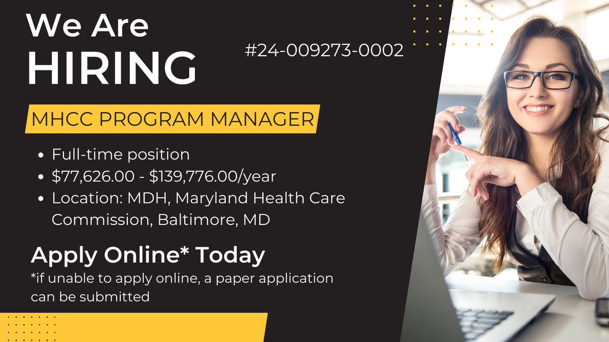 Career opp at @MDHealthDept MD Health Care Commission - Program Manager. You’ll be working within MHCC’s Center for Health Info Tech & Innovative Care Delivery - implementing policies & programs (and other duties). Learn more & apply: bit.ly/4aR1Fjf  #JoinMDH #MDHCareers