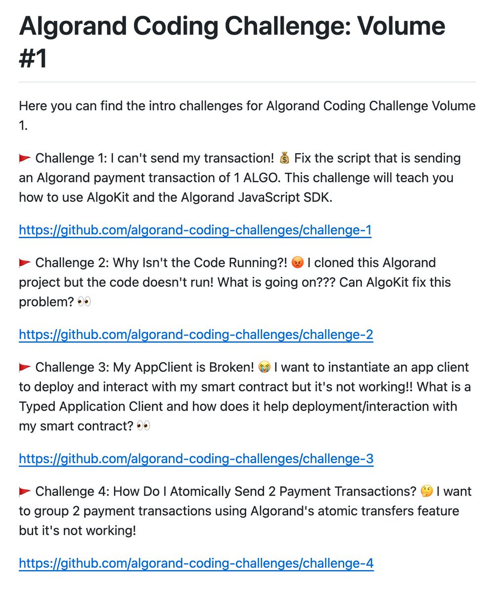 The 1st Volume of #AlgoCodingChallenge ended a couple of weeks ago and here are the stats: Challenge #1: 138 forks 104 submissions Challenge #2: 98 forks 85 submissions Challenge #3: 85 forks 78 submissions Challenge #4: 72 forks 64 submissions Total participation: 393 Total…