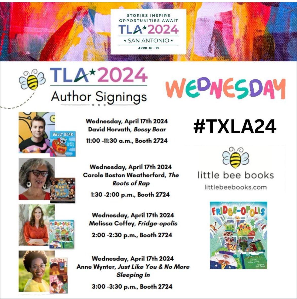 Can’t wait for #txla24 next week! Delighted to be part of this incredible line-up of #kidlit #authors! Swing by @littlebeebooks booth 2724 for our #booksignings and to say hi. @TXLA #librarians