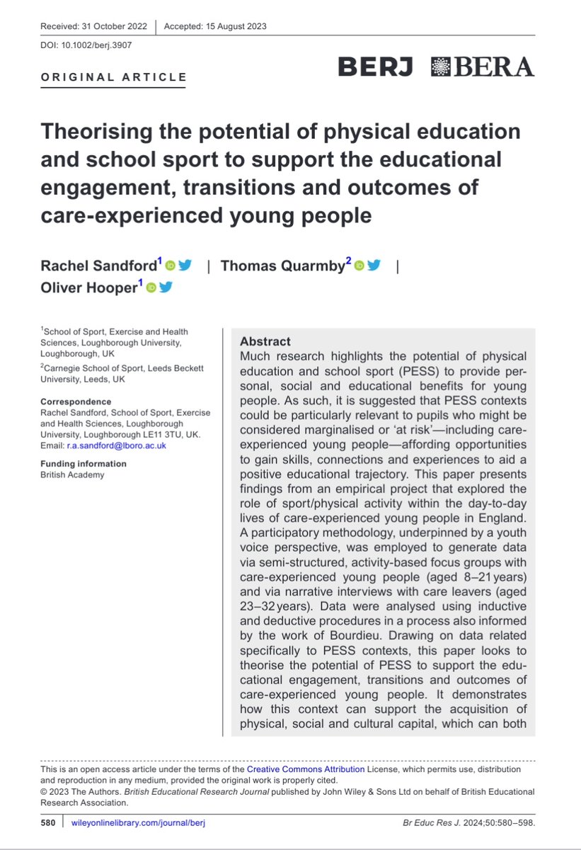 Excited to see this special issue of @BERJ_Editors published! Check out our #OpenAccess paper on the potential of PE for promoting care-experiended young people's positive development ⤵️ bera-journals.onlinelibrary.wiley.com/doi/10.1002/be… 🔓 @DrRASandford @DrTomQ