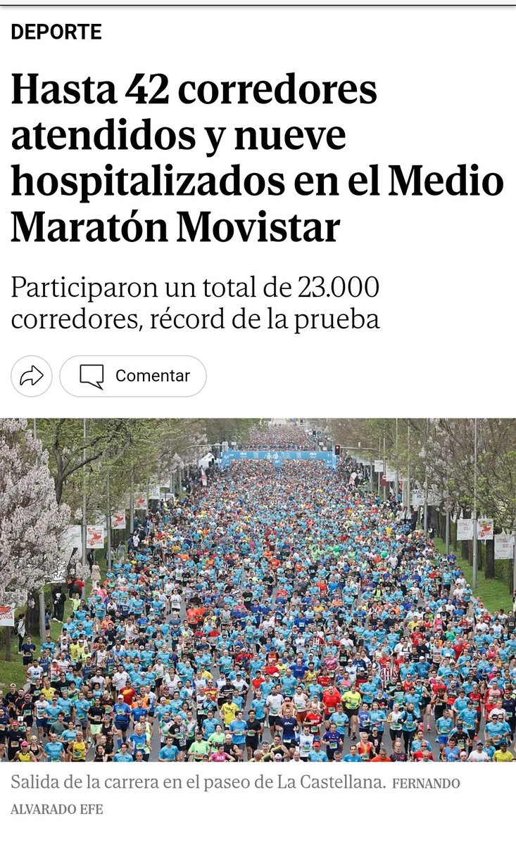 🚨🚨 Nueva #repentinitis deportiva: hasta 42 corredores atendidos y 9 hospitalizados en el Medio Maratón Movistar de Madrid ‼️ 💔 La mayoría mareos 🏃🏻🧙🏻‍♀️ Doña Repentina fue más rápid Los covidiotas culparán al calor 😷🐑 💉 Seguro que las vacunas no han tenido nada que ver