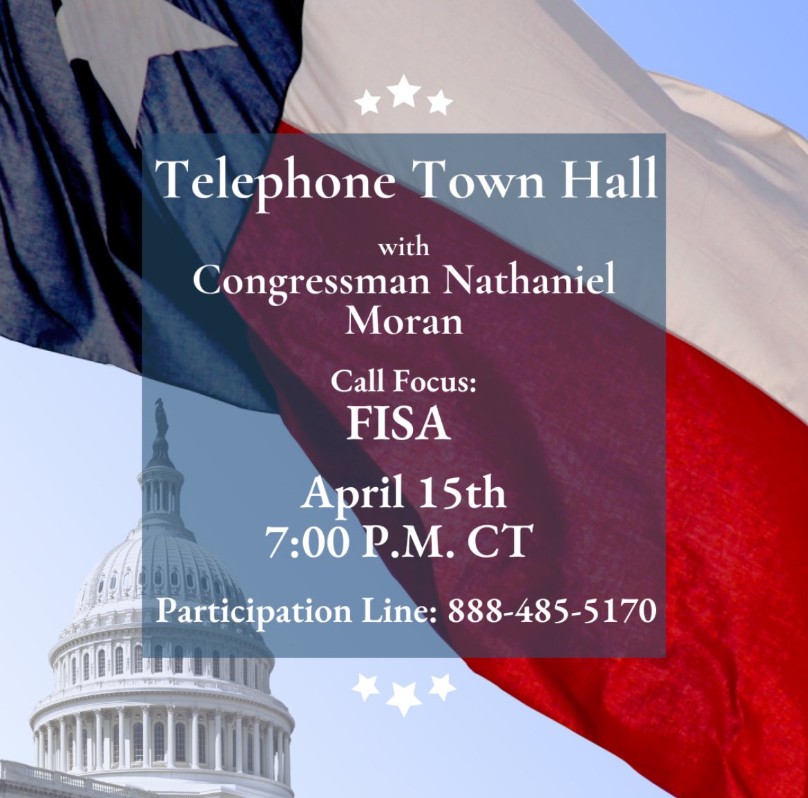 Join me Monday, April 15th at 7:00 PM CT for my 13th Tele-Townhall! If you are interested in joining, you can dial in at (888) 485-5170. It’s an hour of Q&A, and a time for me to update you on my work in Congress on your behalf.