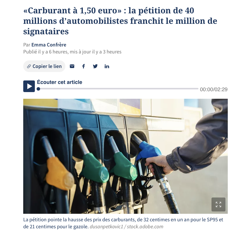 Bravo et merci pour ce premier million de signataires de la pétition de 40 millions d’automobilistes ! Assez de ce racket permanent, exigeons le juste prix à 1.50 € !