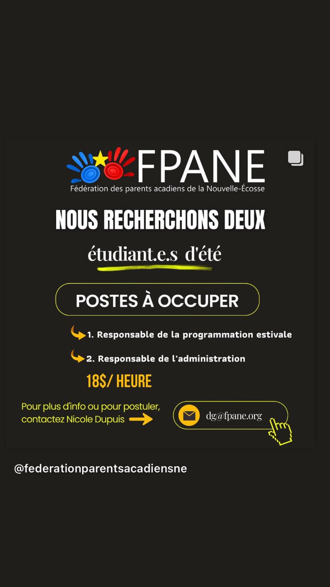 DesAcadiens's tweet photo. Opportunité d’emploi 📥

La FPANÉ a deux postes d’étudiants d’été à pourvoir 💼

1. Responsable de l’administration 
2.Responsable de la programmation estivale 

Durée: mai à août 
Lieu de travail flexible 

Envoyez votre candidature à dg@fpane.org d’ici le 1er mai 2024 https://t.co/lnlKCDpLuv